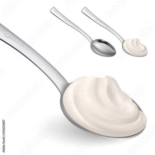Spoon with Cream Concept of Teaspoon with Yoghurt or Sour Cream for Healthy Cooking or Baking and Confectionery. Realistic Style Trend Modern Foodie Logotype Graphic Simple Design Element