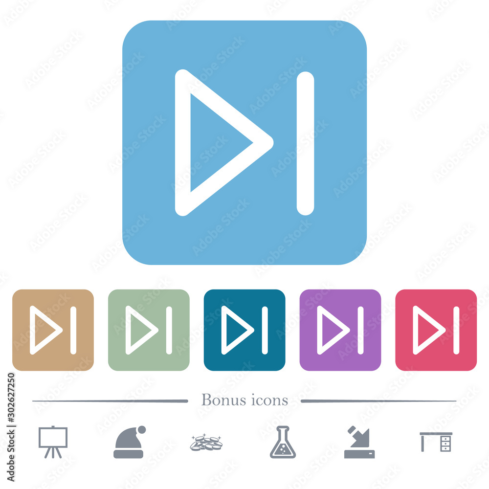 Next movie flat icons on color rounded square backgrounds Next movie flat icons on color rounded square backgrounds