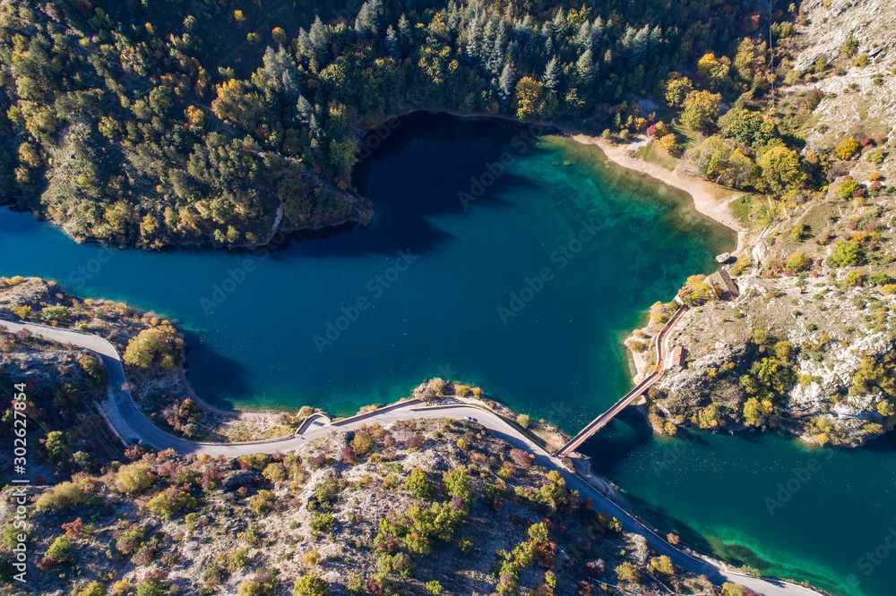 Aerial view of Lake San Domenico. In the gorges of the Essayine in Abruzzo