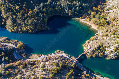 Aerial view of Lake San Domenico. In the gorges of the Essayine in Abruzzo