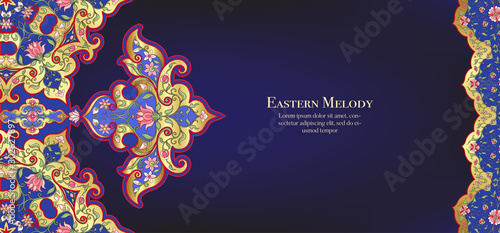 Eastern ethnic motif, traditional muslim ornament. Template for wedding invitation, greeting card, banner, gift voucher, label. Vector illustration