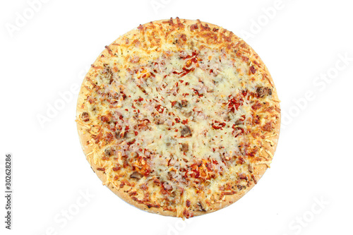 whole pizza with ham and mozzarella on a white background