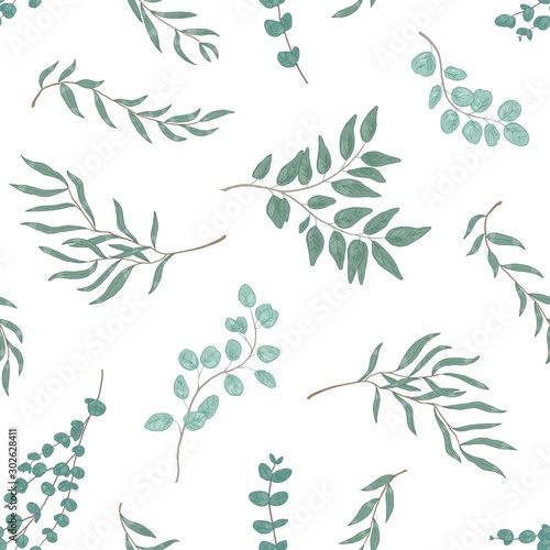 Realistic eucalyptus twigs and leaves seamless pattern. Hand drawn plant branches. Flora, foliage texture. Floral textile monochrome print. Realistic botanical wallpaper vector design.
