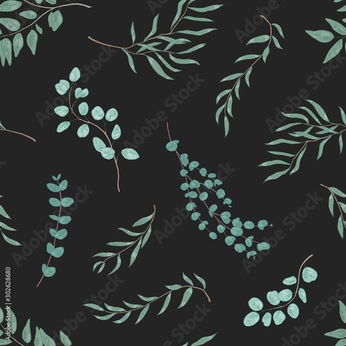 Eucalyptus leaves seamless pattern. Exotic green herbs texture. Floral textil...