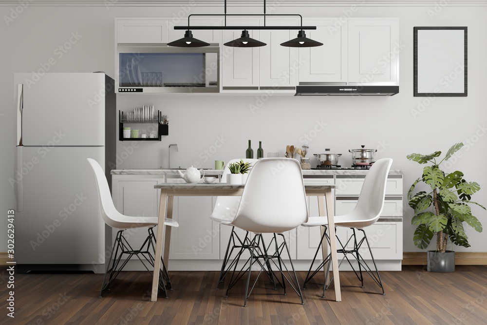 Fototapeta premium minimal white kitchen and dining room interior design, 3D rendering background