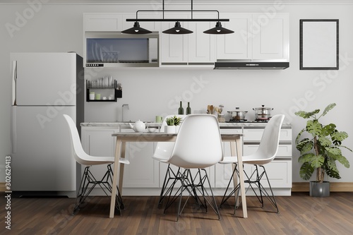 minimal white kitchen and dining room interior design, 3D rendering background © CREATIVE WONDER