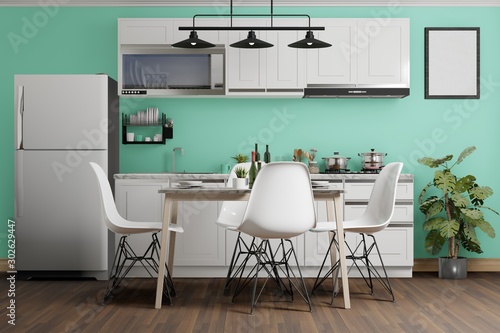 interior design of modern green kitchen with table and chairs, 3D rendering background