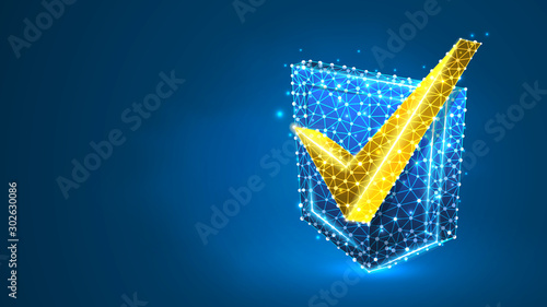 Golden Checkmark on a Shield. Network security, data safety, internet protection concept. Abstract, digital, wireframe, low poly mesh, Raster blue neon 3d illustration. Line, dot