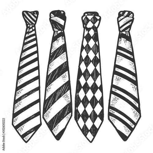 Tie set sketch engraving vector illustration. T-shirt apparel print design. Scratch board style imitation. Black and white hand drawn image.
