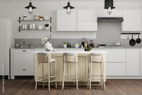 white kitchen interior design modern style, illustration 3d render © CREATIVE WONDER