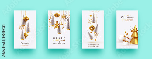 Christmas set of backgrounds, greeting cards, web posters, holiday covers. Design with realistic New Year's eve, Christmas trees and gifts box. Xmas templates for social networks, social media story