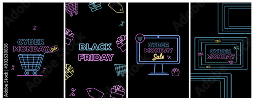 Black Friday deal. Cyber Monday Sale. Online shopping , internet ads in neon style. E-commerce. Slashing price. Set of promotional banners