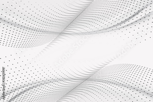 Awesome white and grey halftone background. Futuristic motion dots and grid perspective backdrop.