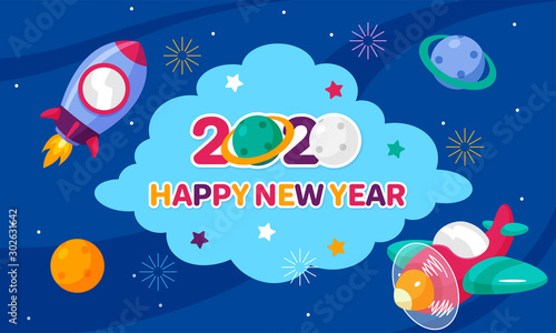 Fototapeta Naklejka Na Ścianę i Meble -  Happy New Year 2020 celebration poster use cartoon space for kids concept with rocket, plane, planet and fireworks vector illustration at night sky background