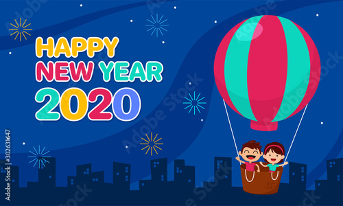 Happy New Year 2020 cartoon celebration poster design. couple of kids character at cityscape with night sky background and colorful fireworks vector illustration