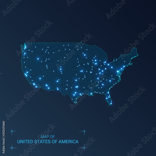 United States of America map with cities. Luminous dots - neon lights on dark background. Vector illustration.