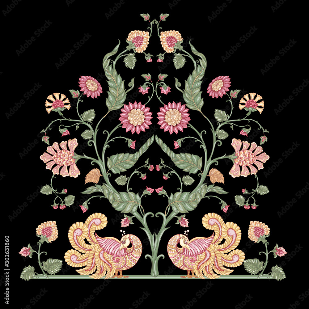 Indian ethnic pattern with stylized florwers and bird. Colored vector illustration. Isolated on white background.