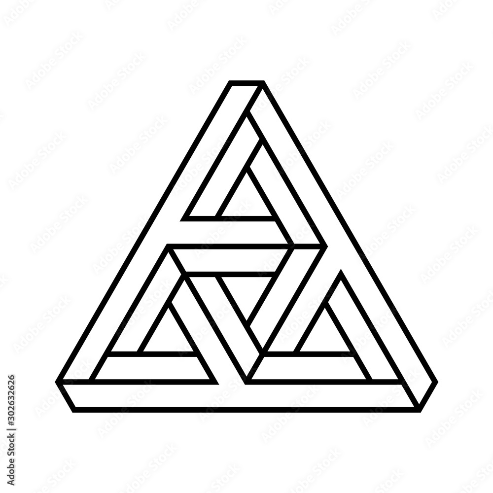 Impossible triangle shape. Optical illusion paradox. Outline of endless geometric triangular object. Abstract infinite geometric figure. Complex linear triangle, white background. Vector illustration. Impossible triangle shape. Optical illusion paradox. Outline of endless geometric triangular object. Abstract infinite geometric figure. Complex linear triangle, white background. Vector illustration.