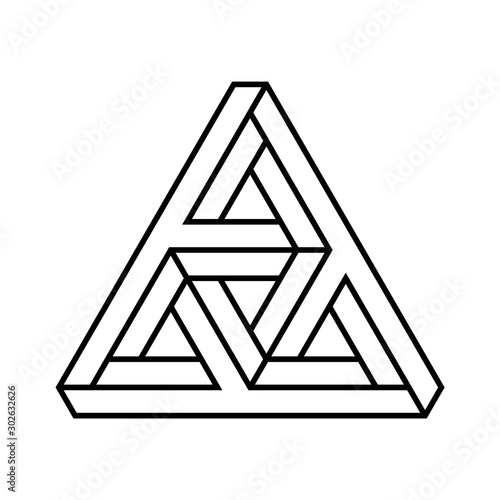 Impossible triangle shape. Optical illusion paradox. Outline of endless geometric triangular object. Abstract infinite geometric figure. Complex linear triangle, white background. Vector illustration.