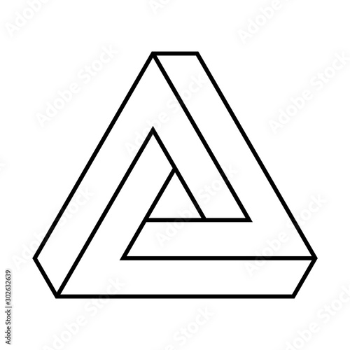 Impossible triangle. Penrose optical illusion. Linear endless triangular shape. Abstract infinite geometric object. Impossible eternal figure outline.Isolated on white background.Vector illustration.