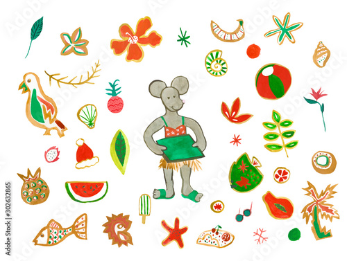 Set with watercolor Mom mouse  in chaise,sunglasses,pineapple,strelitzia,dragon fruit,octopus,tropical flowers,ball,parrot,shells,hat, grapefruit. An illustration of a tropical Christmas holiday.