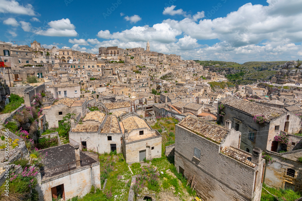 Panoramic view to the town of Matera in Italy with historic buildings, Apulia, Italy.