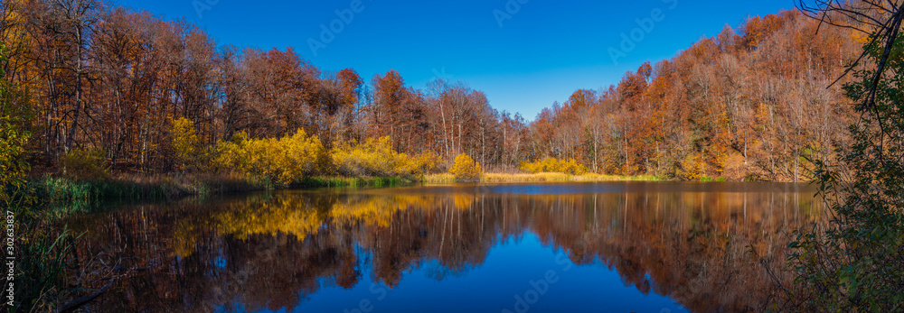 Mountain lake in the fall season panorama