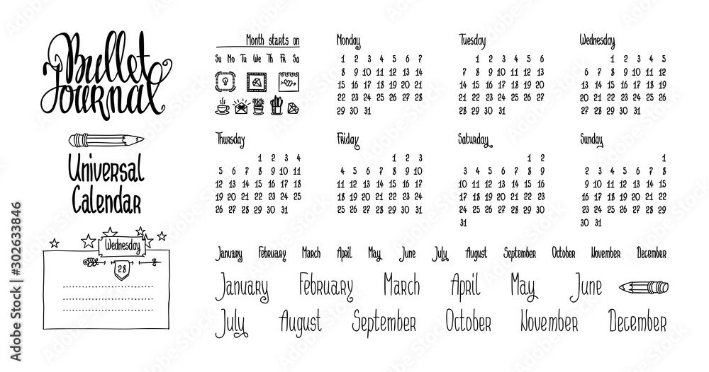 Bullet journal universal calendar. Hand written cute calendar, names of
