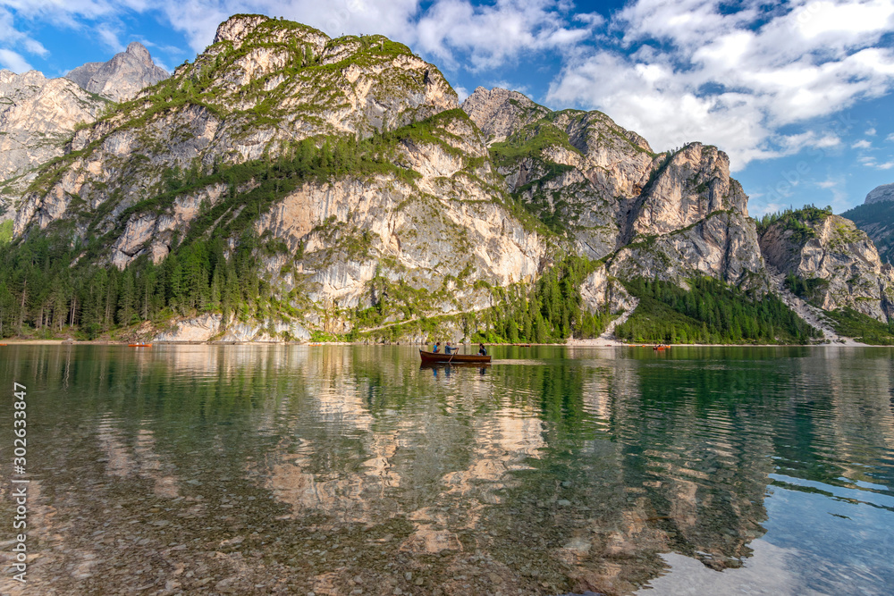 Lake Braies (also known as Pragser Wildsee or Lago di Braies) in Dolomites Mountains, Sudtirol, Italy.