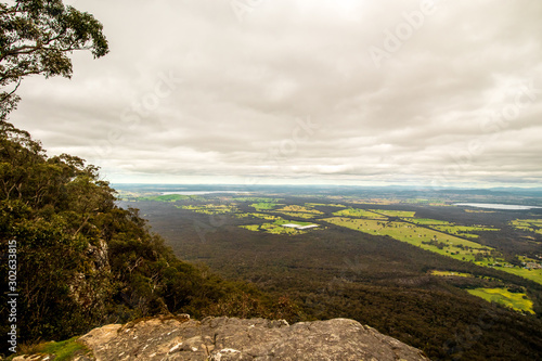 Panoramic landscape. Scenic view of the Grampians National Park. Panorama of Halls Gap. Rocks and valley landscape. Western Victoria  Australia