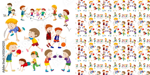 Set of seamless background design with isolated objects theme - children and sport