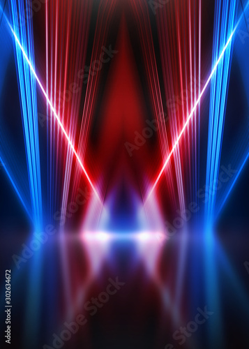 Empty show scene background. Reflection of a dark street on wet asphalt. Rays of red and blue neon light in the dark, neon shapes, smoke. Abstract dark background.