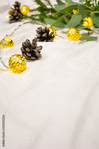 Wedding or christmas decorations on white fabric 