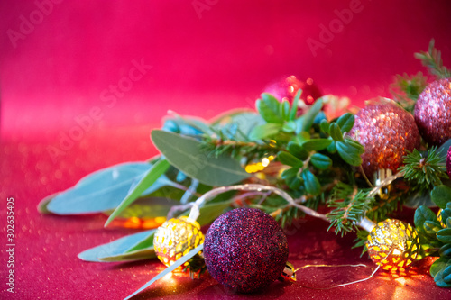 Christmas decorations on red background