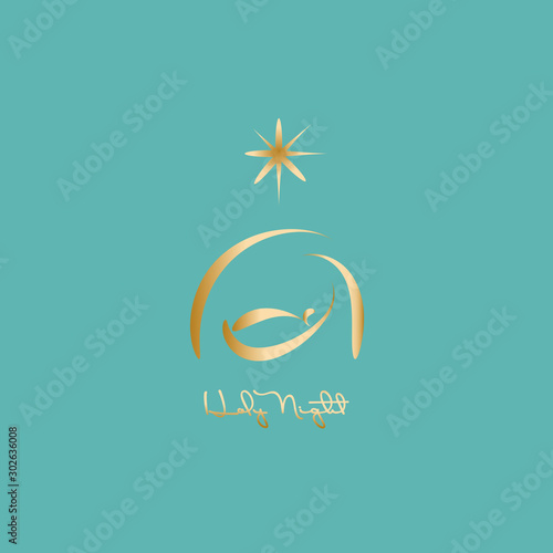 Christmas time. Manger with baby Jesus and star of Bethlehem. Text : Holy Night
