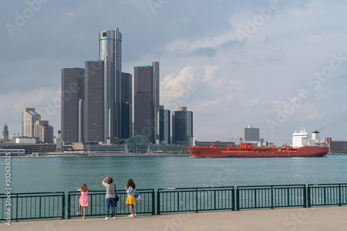 View of Detroit skyline with a ship from Windsor, Ontario