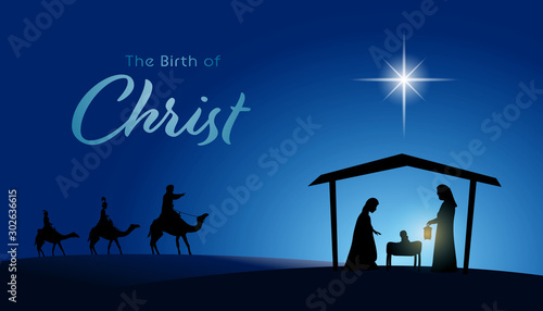 Christmas time. Manger with baby Jesus, Mary, Joseph and star of Bethlehem. Text : The Birth of Christ