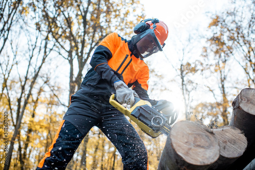 Professional lumberjack in protective workwear working with a chainsaw in the forest, sawing wooden logs