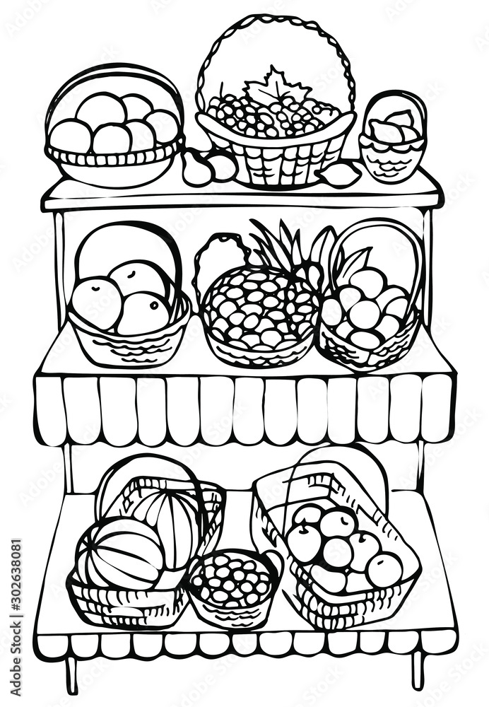 Hand drawn farmer stall. Local market, fruits and vegetables produce on