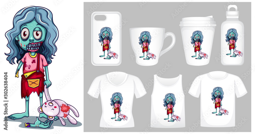 Fototapeta premium Graphic of zombie with doll on different types of product template