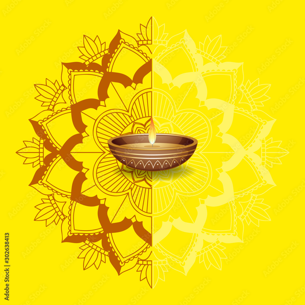Mandala design and candle light on yellow background Stock Vector | Adobe  Stock