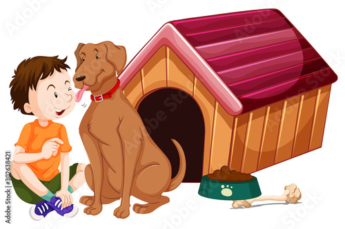 Boy and pet dog at doghouse