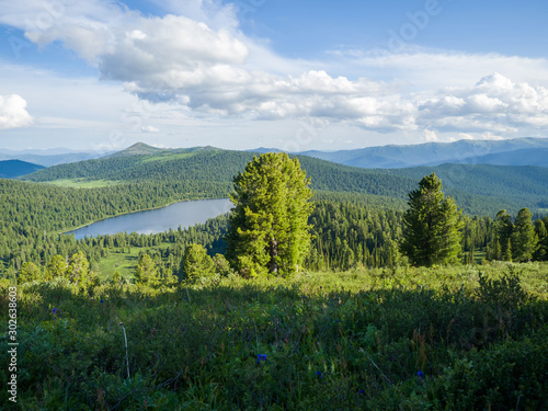 View of Svetloye Lake in Ergaki Nature Park. Siberian taiga Western Sayan