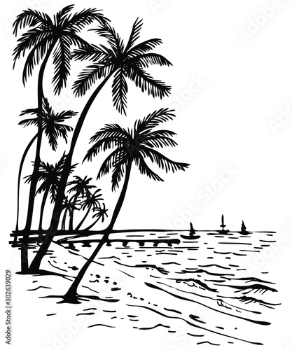 Summer beach with palm trees; hand drawn Sketch illustration of palm trees and sea view