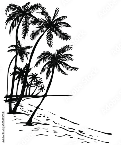 Summer beach with palm trees; hand drawn Sketch illustration of palm trees and sea view