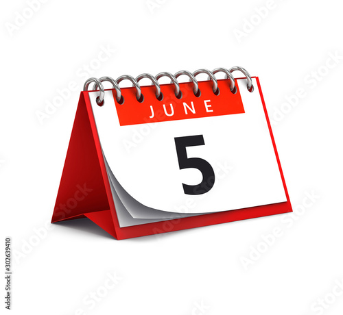3D rendering of red desk paper summer month of June 5 date - calendar page isolated on whit