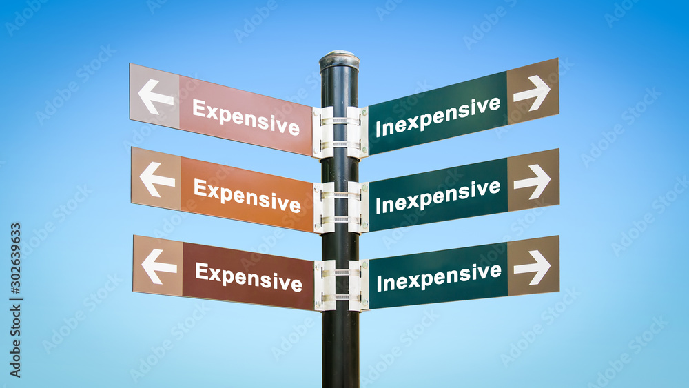 Fototapeta premium Street Sign Inexpensive versus Expensive