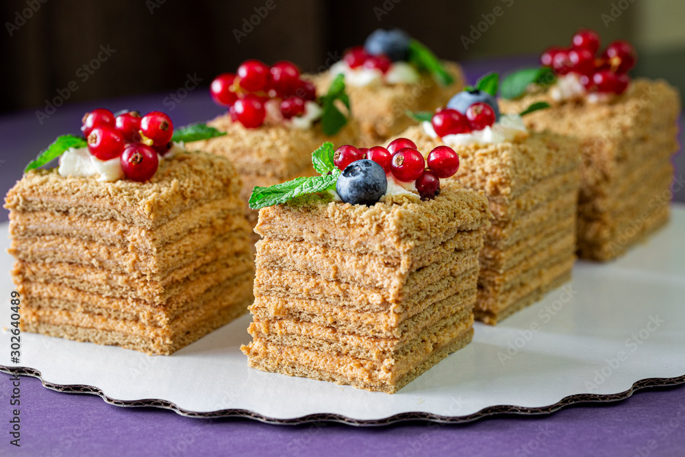 Piece of homemade honey cake with fresh berries. Piece of homemade honey cake decorated with fresh blueberries and red currants Piece of homemade honey cake with fresh berries. Piece of homemade honey cake decorated with fresh blueberries and red currants