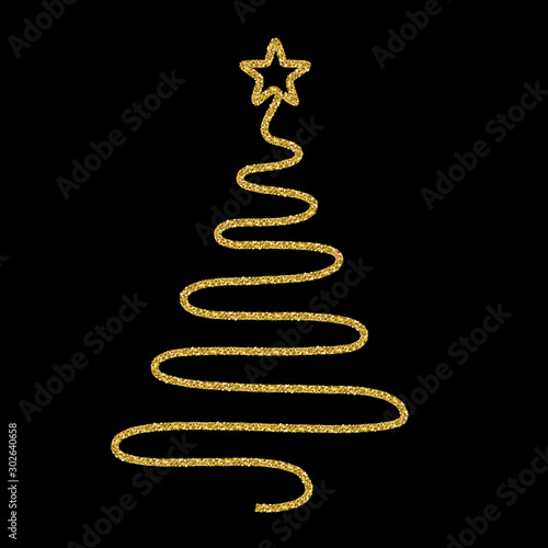 Festive design with gold glitter texture element. Christmas tree on black background. Holidays vector illustration for calendar, party invitation, card, poster, banner web