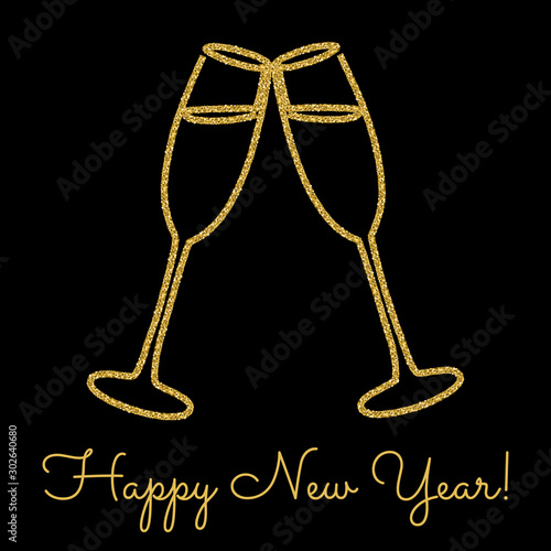 Festive design with gold glitter texture element. Glasses of champagne wine on black background. Holidays vector illustration for calendar, party invitation, card, poster, banner web